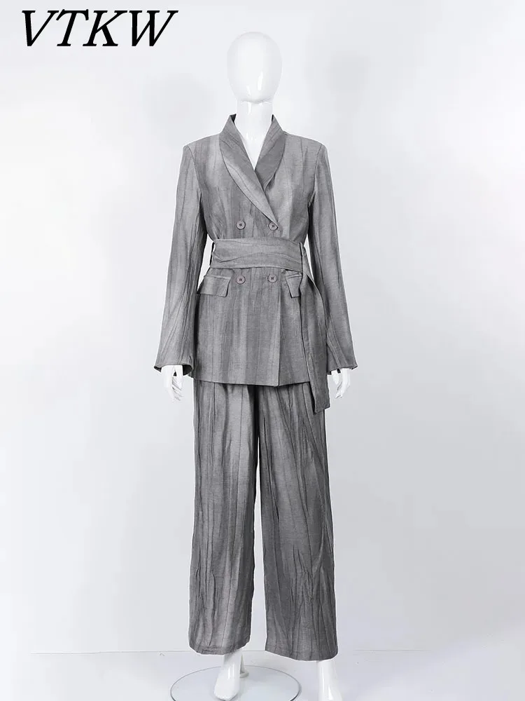 

VTKW Tie Dye Suit High Quality Summer 2025 Thin Loose Lace-up Waist Jacket Pleated Pants Two-piece Set For Women Linen Material