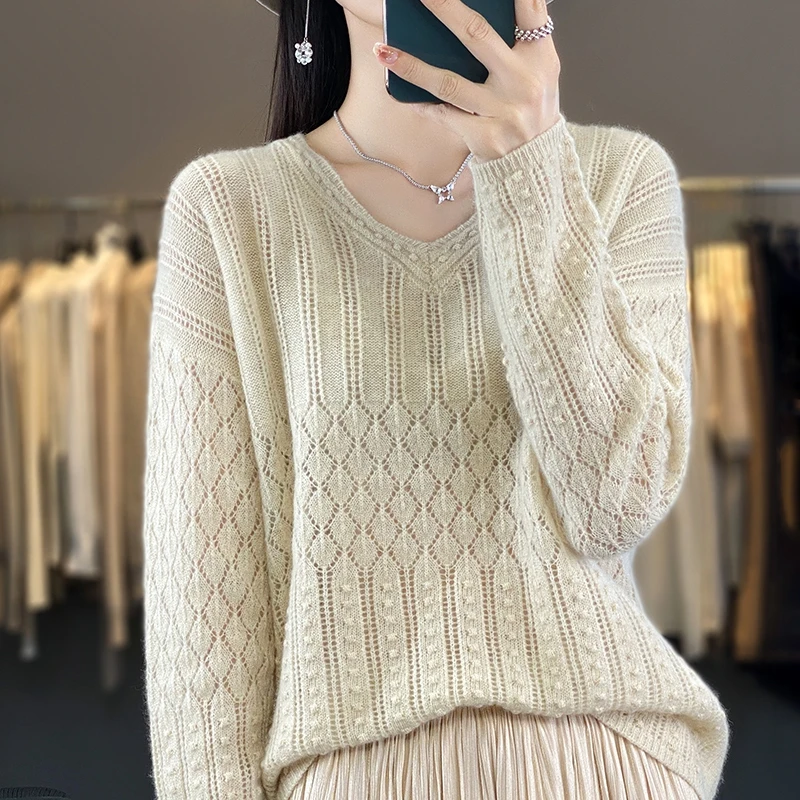 Autumn and winter new 100% pure wool female V-neck hollow sweater loose versatile temperament knitted cashmere bottoming shirt.