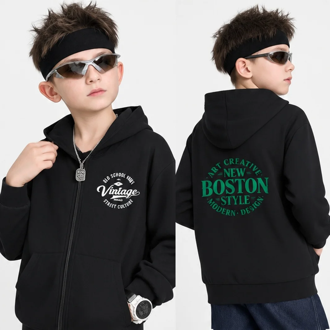 Boys  Zip‑Up Hoodie Jacket, Spring Autumn Loose Fit Cotton Hooded Sweatshirt, Letter Print Casual Outerwear With Pocket