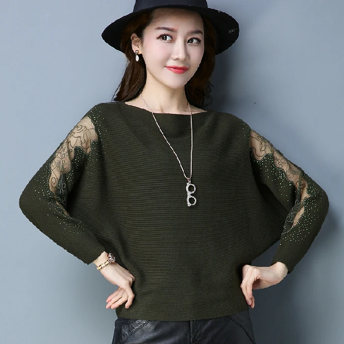 Faionable Knitted Batwing Sve T-irt Women's Lace Sve One-oulder Slimming plus Size Top Spring Autumn New Arrival