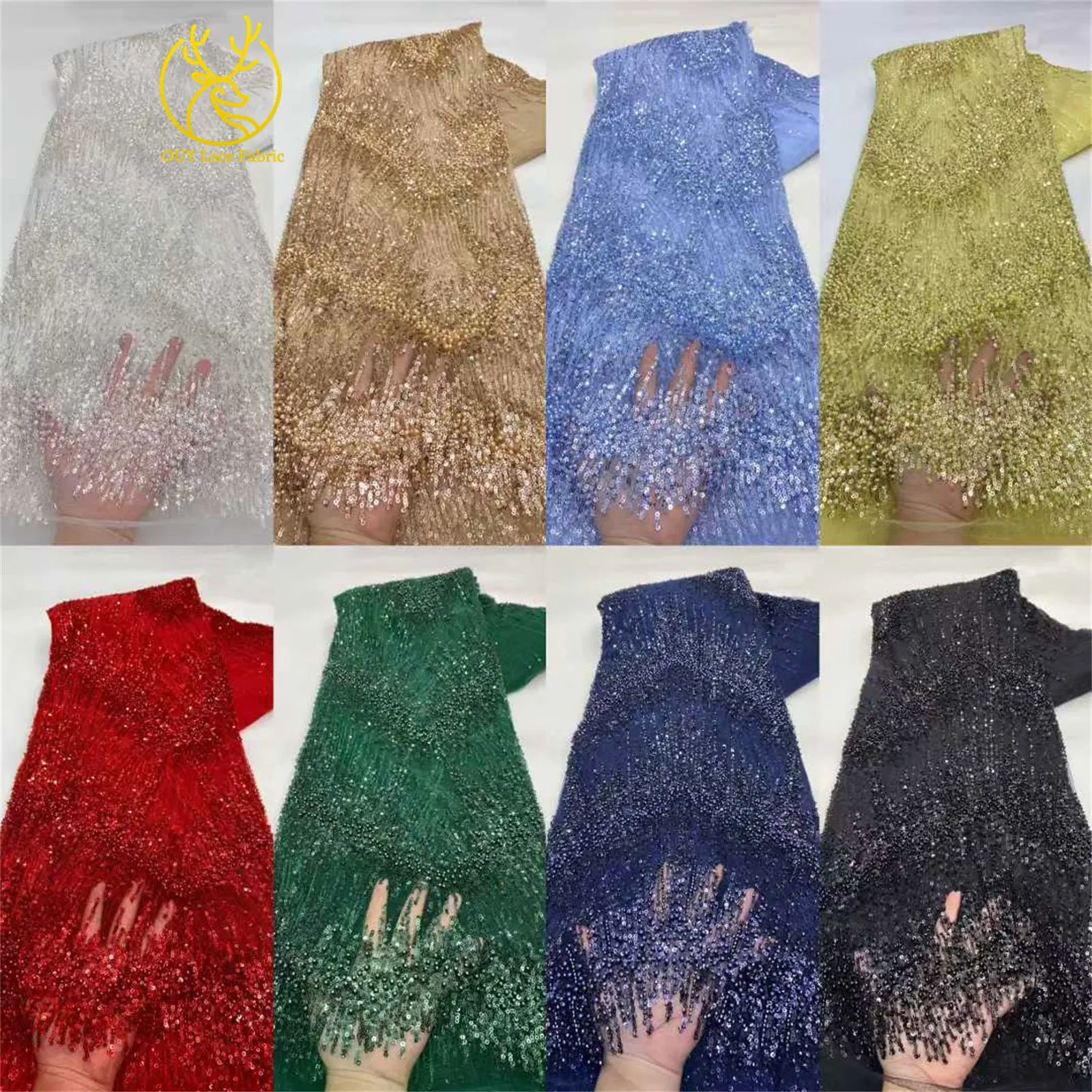 2026 Französische handgefertigte Perlen-Spitze, roter afrikanischer Pailletten-Spitzenstoff, hochwertiger nigerianischer Tüll für Damenkleider zum Nähen – Detail 3