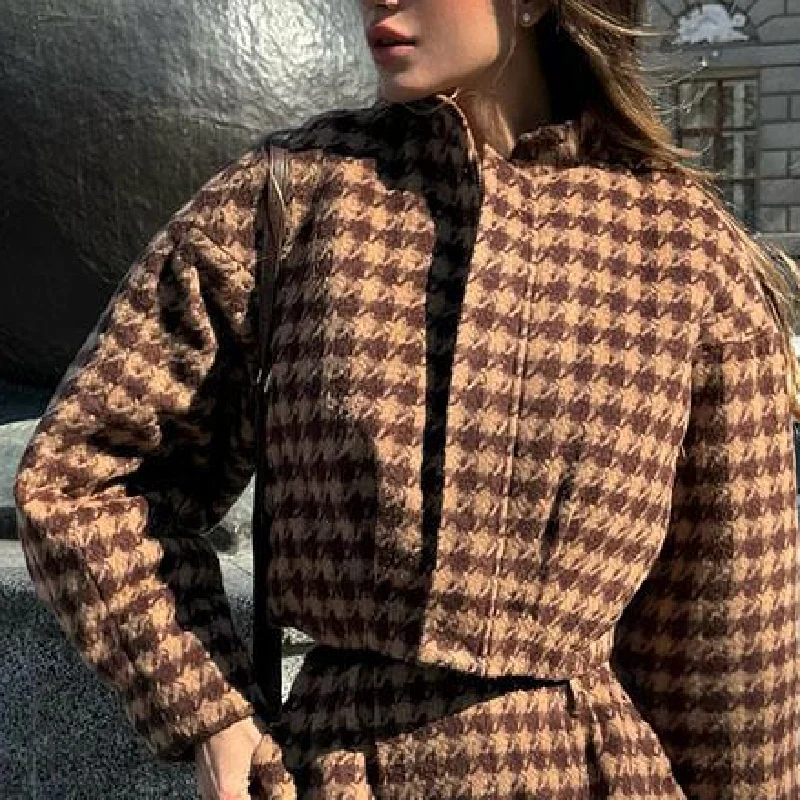

Women's Chic Grid Pattern 2-piece Set Lapel Long Sleeve Loose Tops High Waist Short Pants Female New Fashion Casual Clothes