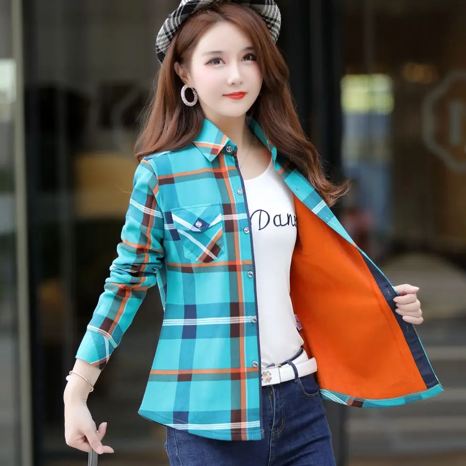 Autumn Winter Plaid Shirt Women Fleece Blouse Slim Long-sleeved Warm Women\'s Clothing Trends Tops Single Breasted Shirts Mujer