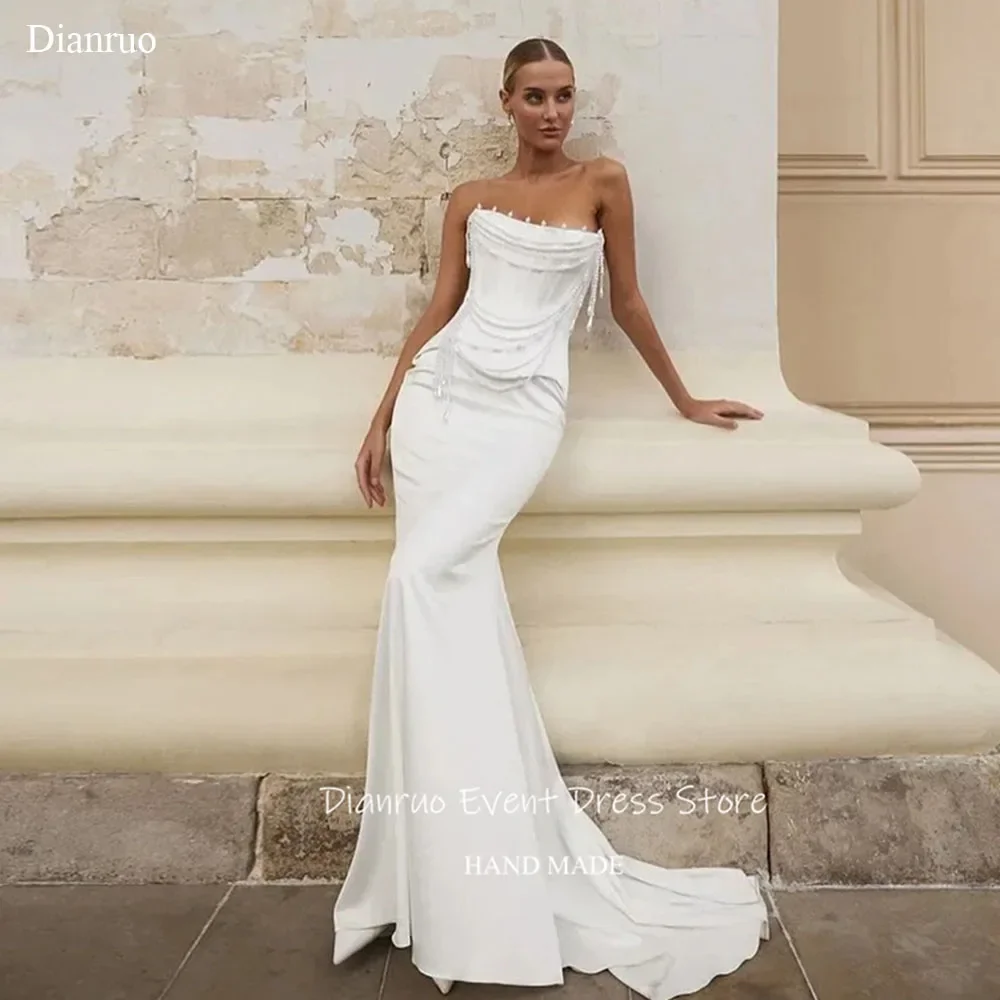 

Dianruo Strapless Mermaid Maxi Wedding Dress Pearls Elegant Vestido De Noiva High Quality Sleeveless Evening Dress Customized