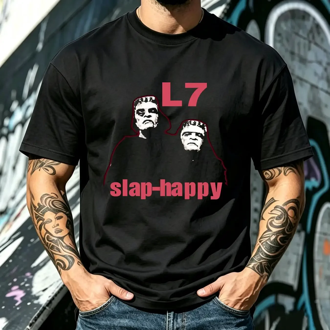 washed T Shirt L7 Band Slap Happy Black  Cotton S 5XL VN0672 vintage Washed streetwear homme Versatile Breathable