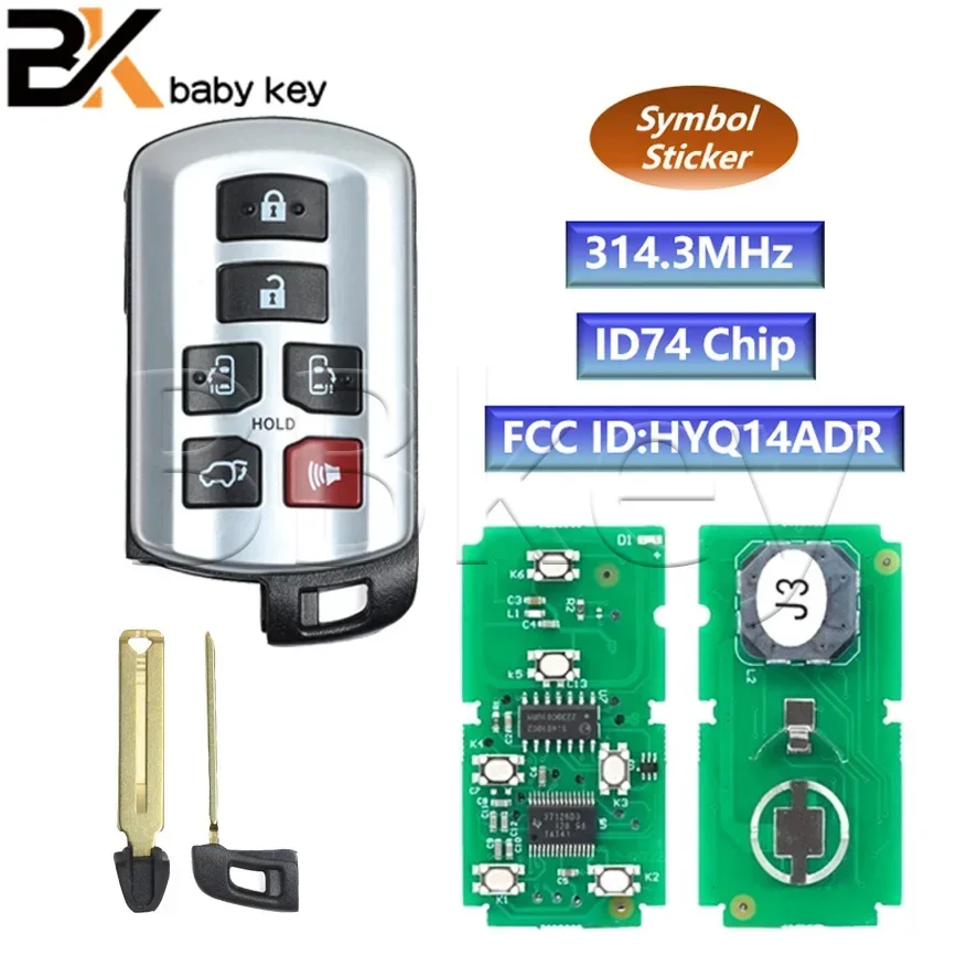 BB Key for Toyota Sienna 2011 2012 2013 2014 2015 2016 2017 2018 2019 314.3MHz ID74 Chip HYQ14ADR with Logo Smart Remote Car Key