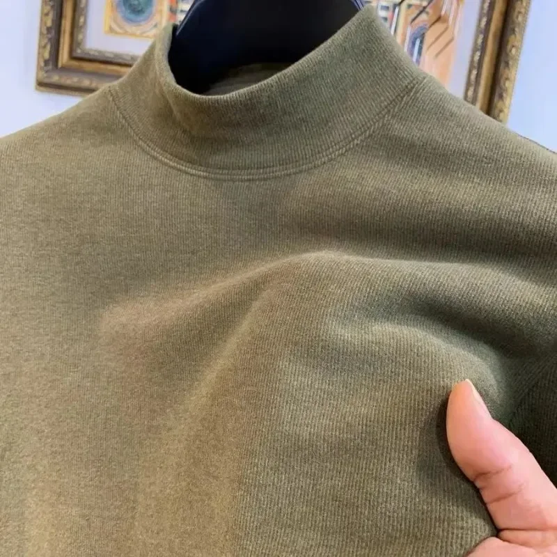Men's Autumn Thick Base Thermal Underwear Winter Semi High Neck Casual Long Sleeved T-shirt for Wearing Inside Outside Warm Top
