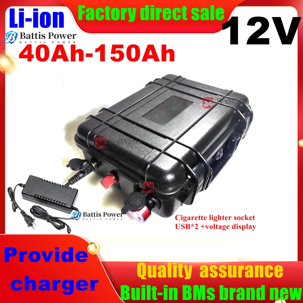 Waterproof 12v 100ah lithium battery 12v 40AH 60AH 80AH 120AH 150AH USB Solar Energy Storage Battery fishing boat + 10A charger