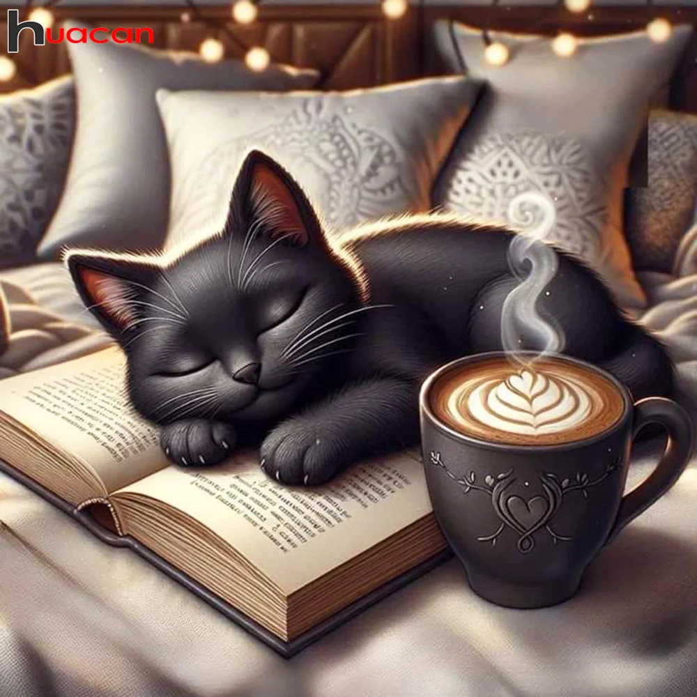Huacan Diamant-Gemälde, Cartoon-Katze, Strasssteine, 5D-Diamant-Mosaik, Kaffee-Bastelset, handgefertigtes Weihnachtsgeschenk