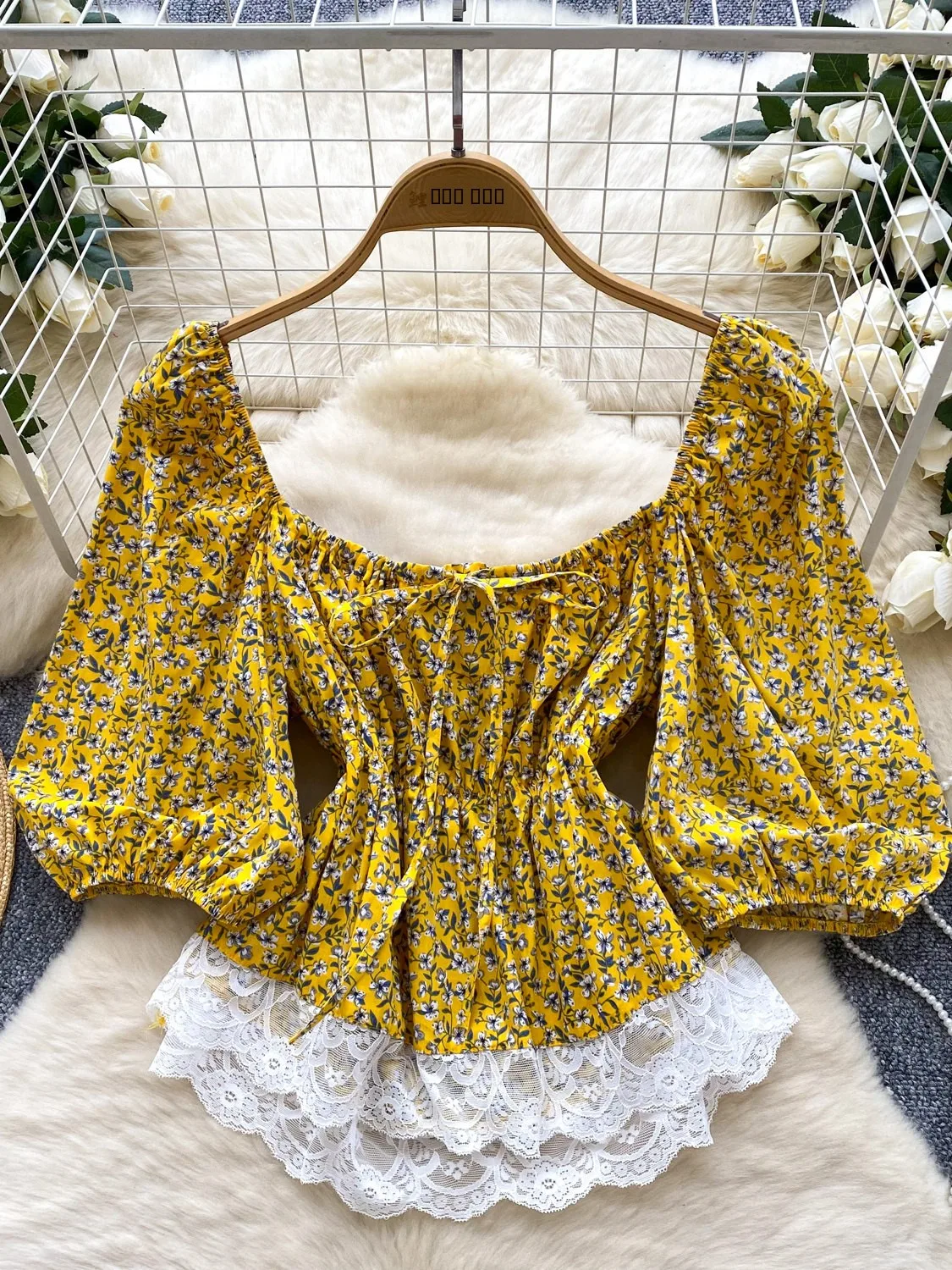 

Retro Floral Print One Shoulder Bubble Sleeve Shirt Women's Summer Lace Trim Splice Drawstring Design Top Korean Style Loose Fit