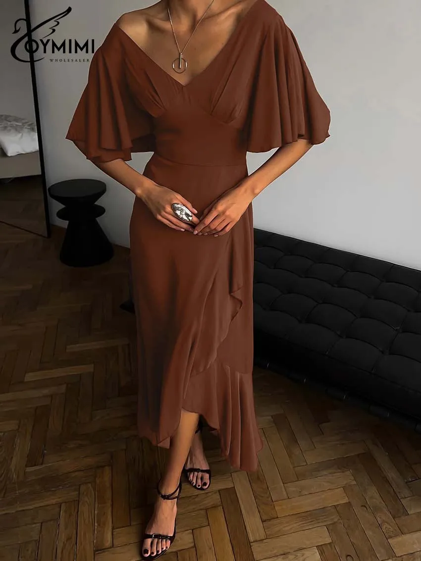 Oymimi elegante vestido feminino de cetim marrom, moda com decote em v, manga bufante, costas abertas, casual, cintura alta, comprimento no tornozelo