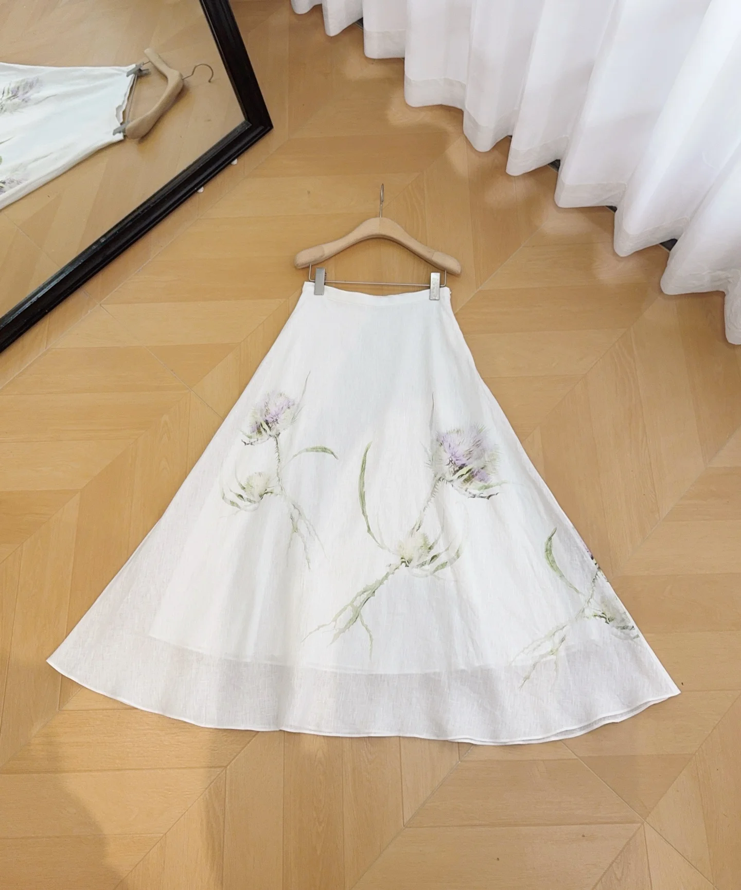 2026 new ink flower print high-waisted A-line large-flare skirt