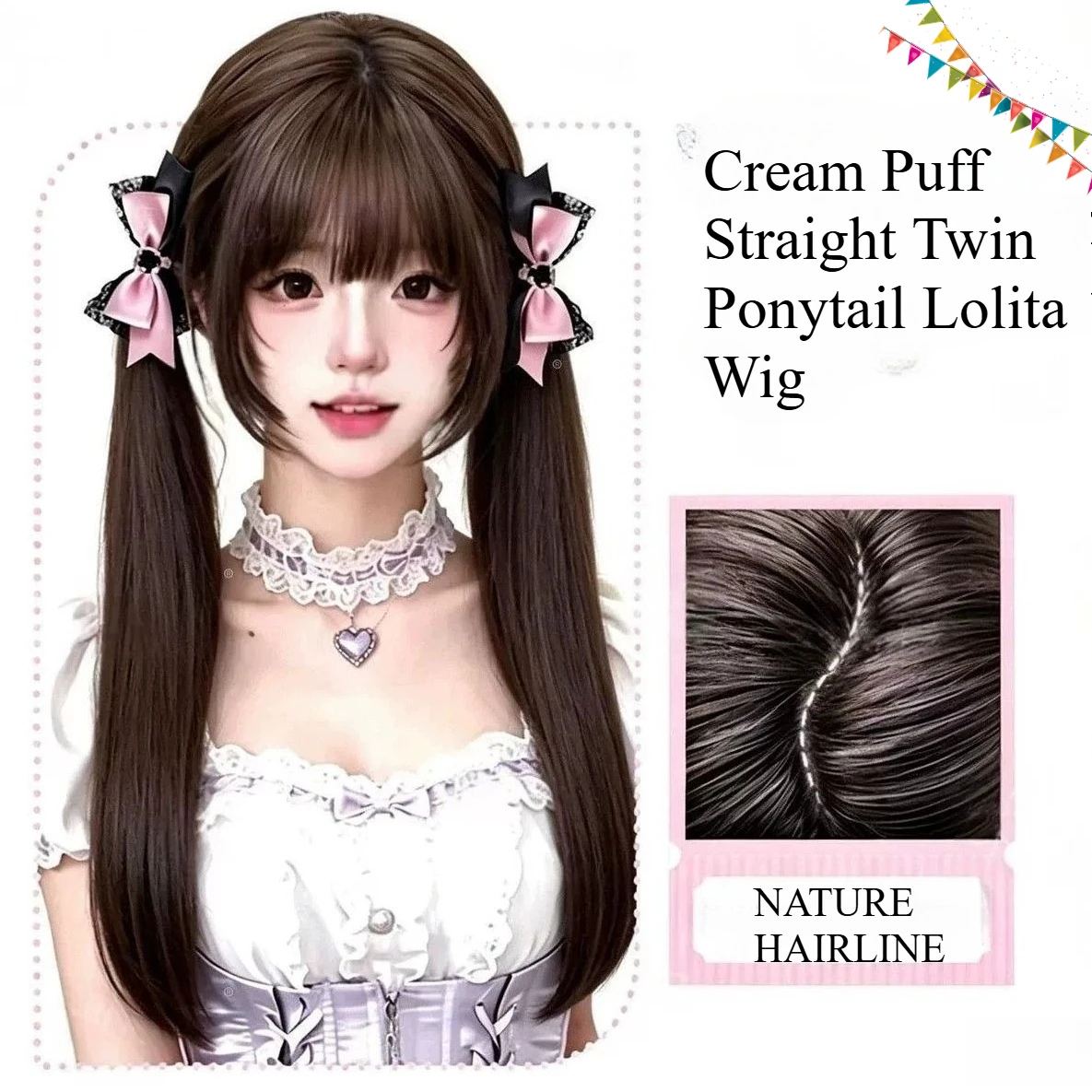 Cream Puff Style Chocolate Brown Long Straight Twin Ponytail Wig with Bangs Synthetic Lolita Wig for Daily Cosplay Photography