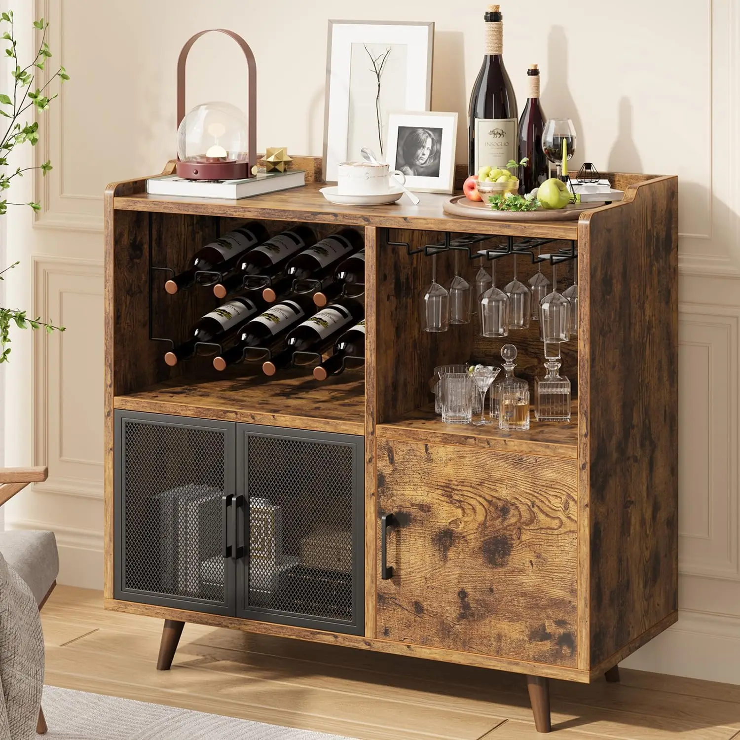 

Wine Bar Cabinet, Industrial Liquor Coffee Bar Cabinet with Wine Rack Storage and Mesh Doors