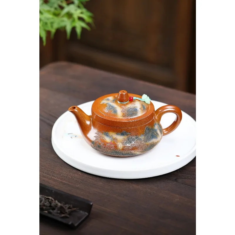 Zisha Teapot Raw Ore Dragon Bone Gold Sand High Temperature Wood Fired Color Carved Curve Pot  Tea Brewing Home Teaware Gift