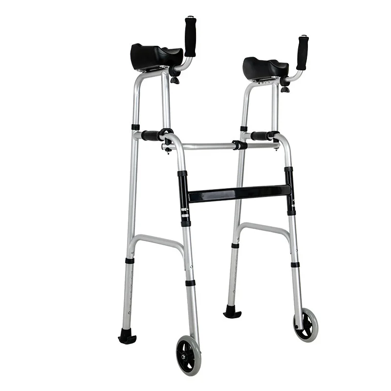 

Walking aid, wheels, with seat, aluminum alloy four-legged crutches for the disabled, rehabilitation with arm towing walker