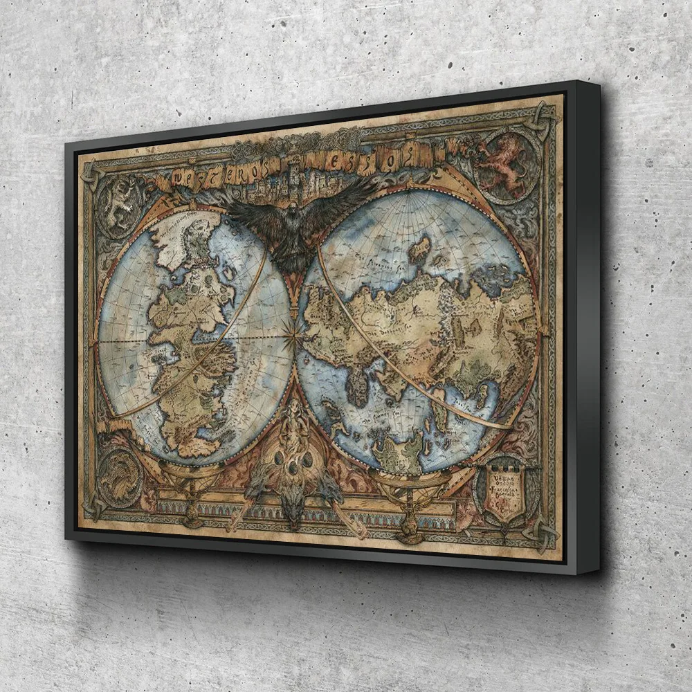 ديكور المنزل قماش يطبع الفيلم الكلاسيكي أنيمي ولعبة خريطة العالم الأرض الوسطى Westeros Essos خريطة ملصق جدار الفن اللوحة