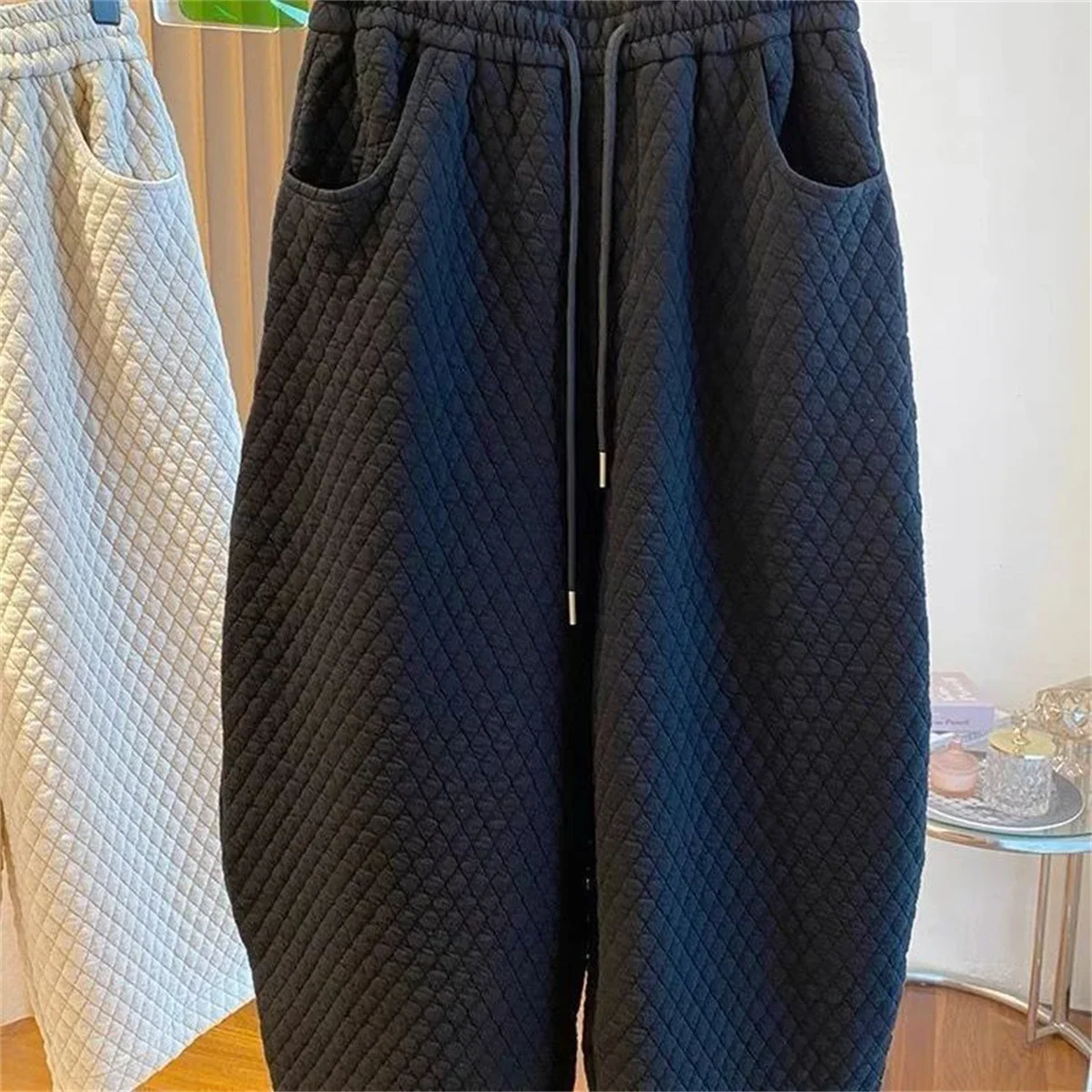 New Diamond Grid Ankle-length Pants Women' Casual Baggy Harem Pantalones Lace Up Loose Warm Fashion Wide Leg Trousers