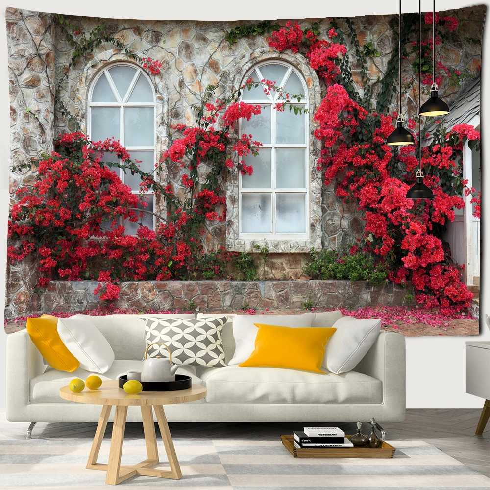

3D Retro Street Flowers Window Tapestry Wall Hanging Home Decoration European Town Flowers Plants Garden Wall Background Cloth