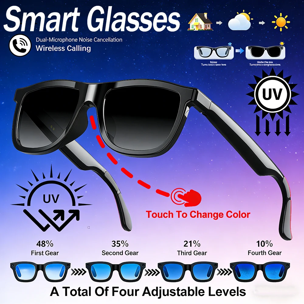 

Умные беспроводные аудиоочки 2026 E05C с электрохромными линзами, функцией звонков по Bluetooth и воспроизведения музыки, для активного отдыха на улице