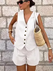 HH Women Pant Sets Vintage Solid Single Breasted V Neck Waistcoat Tops + Slim Zipper Fly Shorts Summer Office Lady Suit
