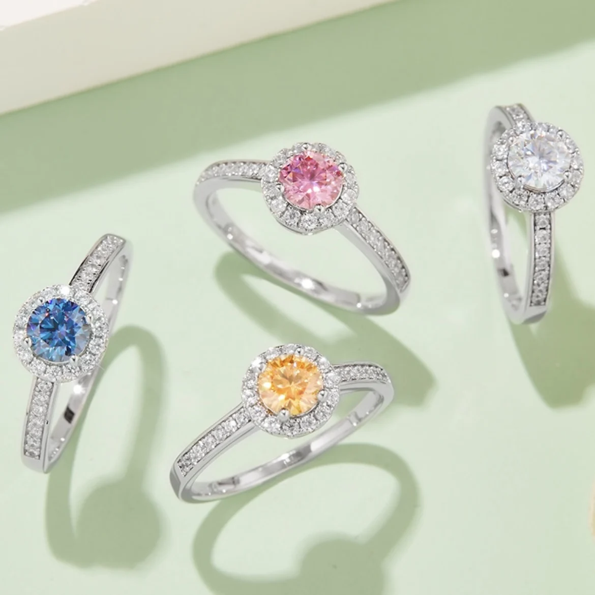 

S925 Rings Sterling Silver Main Stone 0.5CT White Pink Blue Moissanite Diamond White Gold Plated Ring