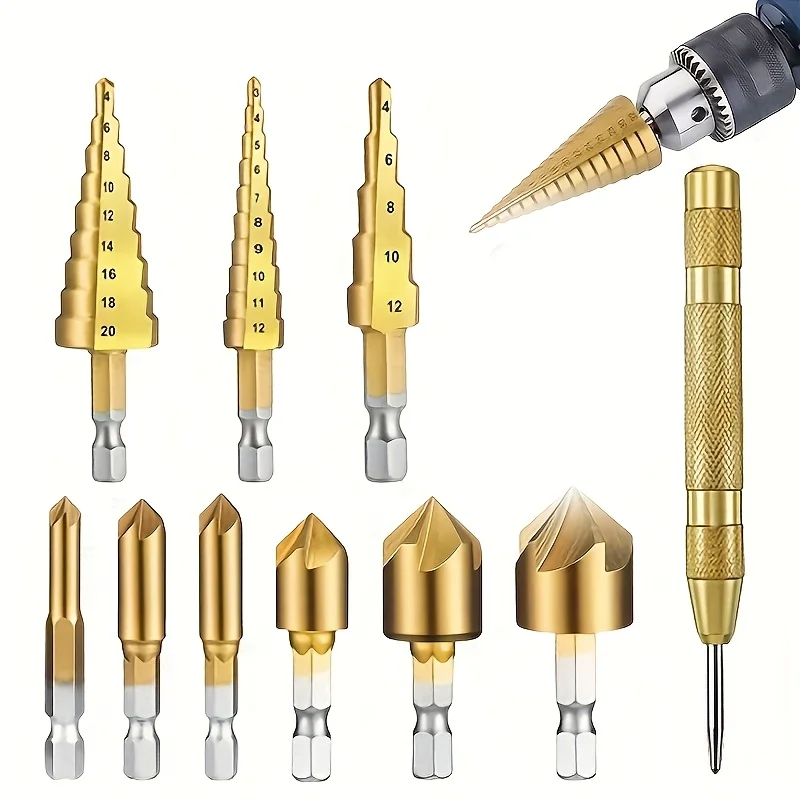 

10pcsHigh Speed Steel Drill Bit Set with Step Drill,Center Punch, Wood Drill, Countersink & Plug Cutter, Multi-Purpose for Metal