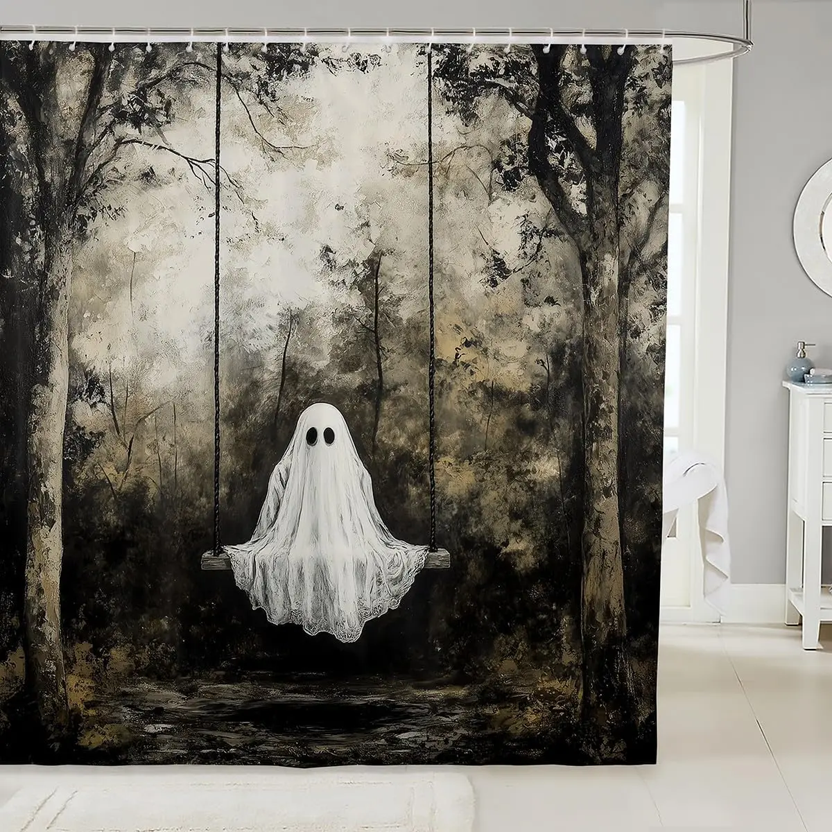 

Ghost Shower Curtain Haunted Forest Swing Scene Halloween Theme Spooky Art Bath Decor Waterproof Fabric Home Accessories