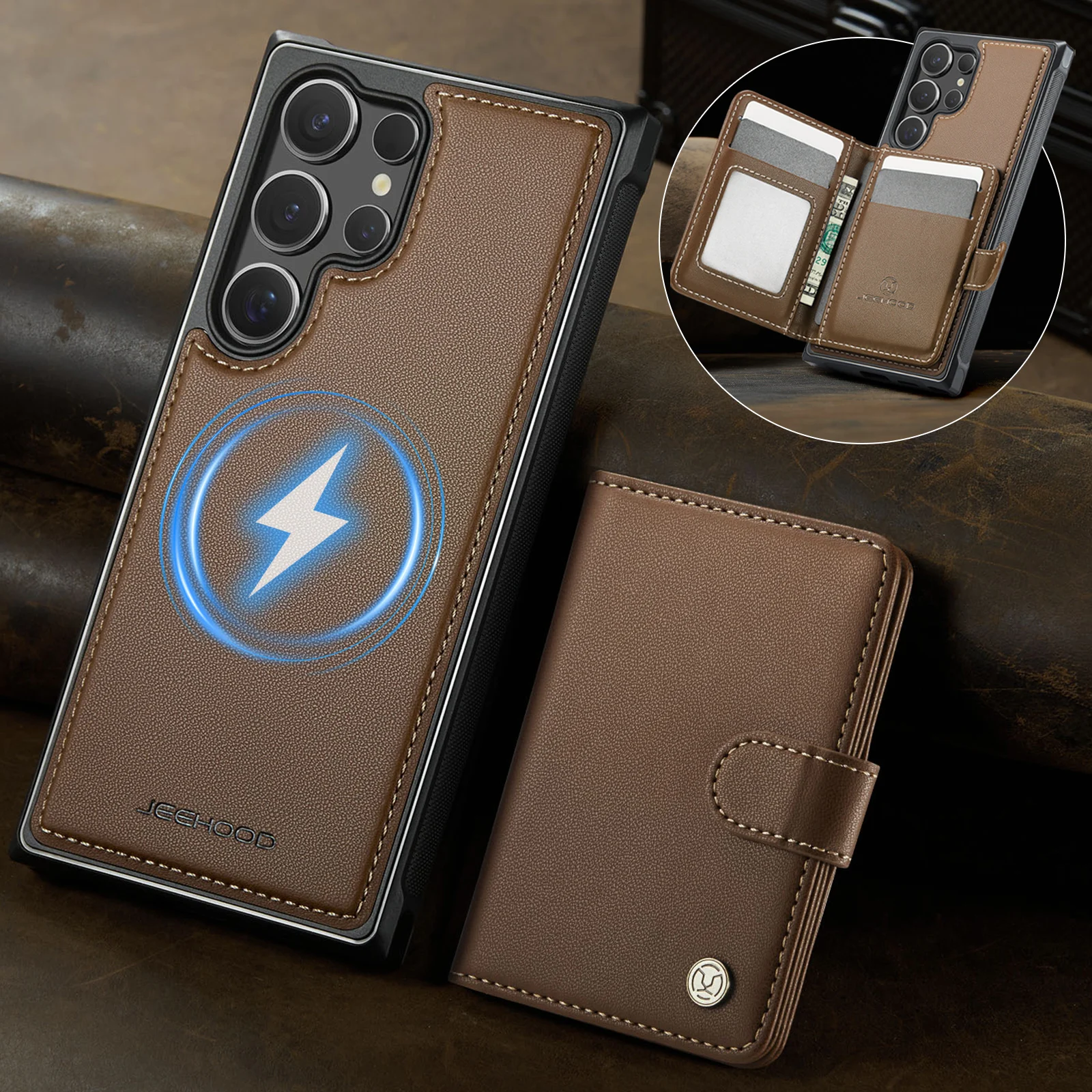 JEEHOOD-J09 Wallet Phone Case for iPhone 16e 17 Pro Max 15 14 13 Pro , 2-in-1 Removable Magnetic Leather Card Holder Back Cover