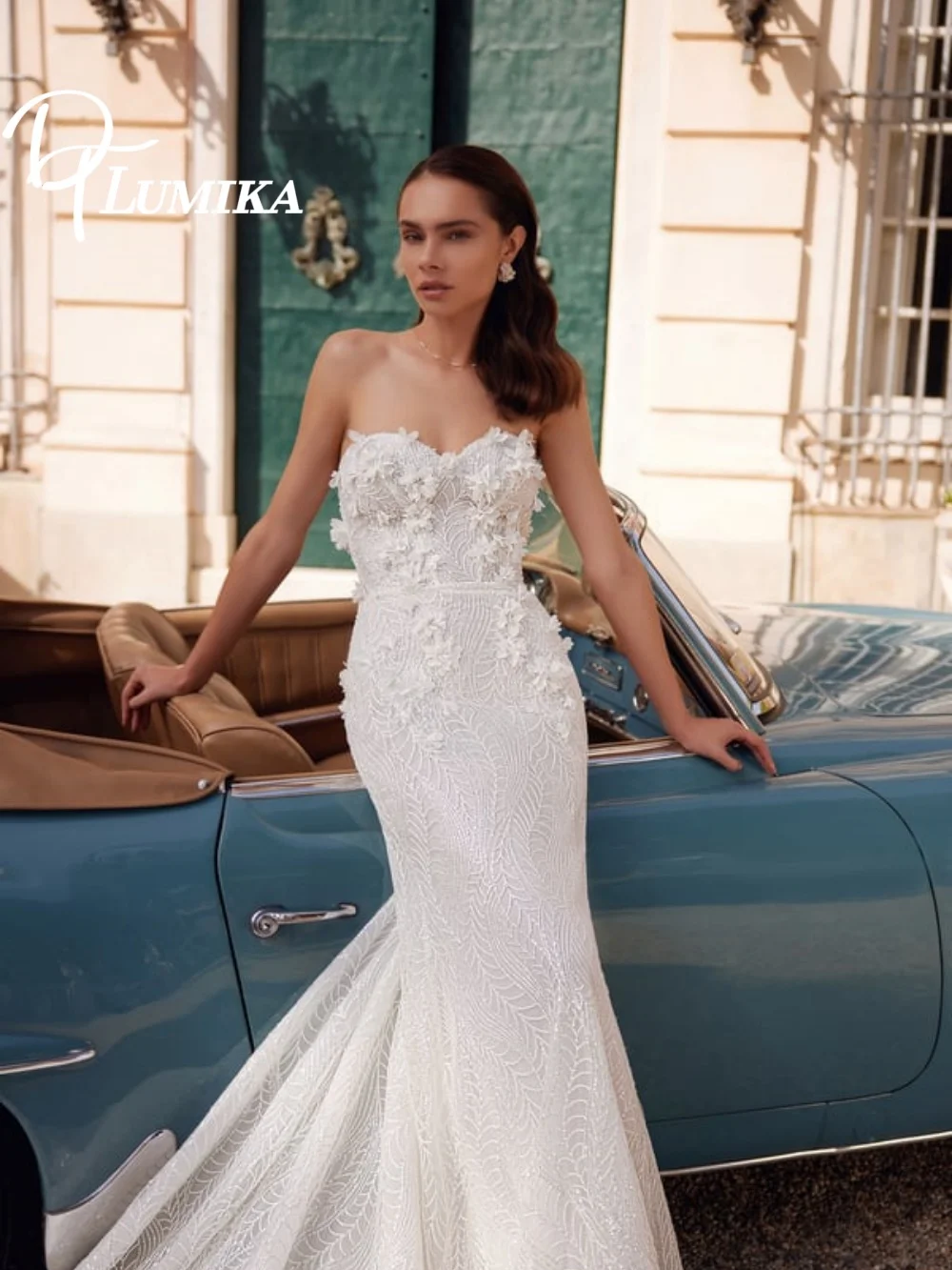 فستان زفاف براقة عاري الكتفين Capelet 2026 رومانسي ثلاثي الأبعاد-زهرة فستان زفاف لذيذ حورية البحر طول الأرض فستان الزفاف رداء