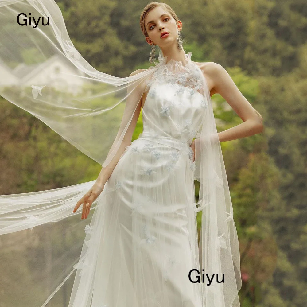 Giyu Fairy 3D Followers Wedding Dress For Woman High Neck Tulle Draped Floor-length Vestidos Novias Boda Bridal Gown