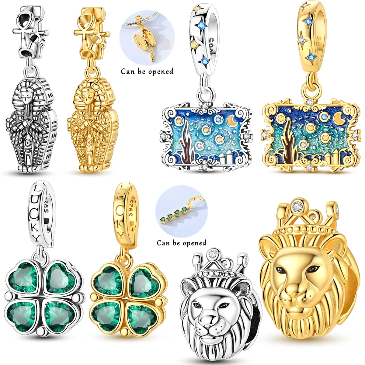 

925 Sterling Silver Starry Sky Charms Bead CZ Zircon Clover Pharaoh Lion Pendants Fit Original Bracelet DIY Jewelry Gift
