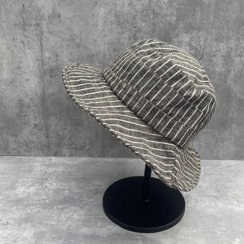 Women's Summer Striped Linen Blend Flat Top Bucket Hat Hiking Wide Brim Sun Cap