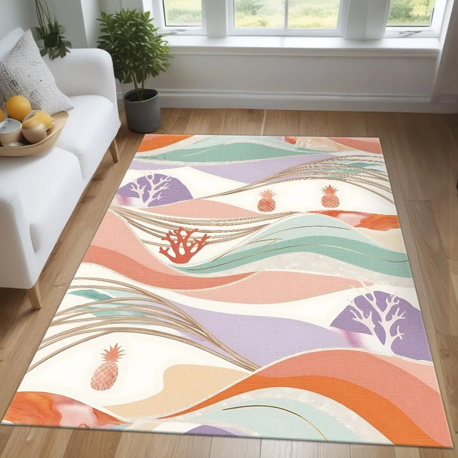 Pastel Coast Carpet Tropical Pineapple Coral Waves, Bohemian Beach.