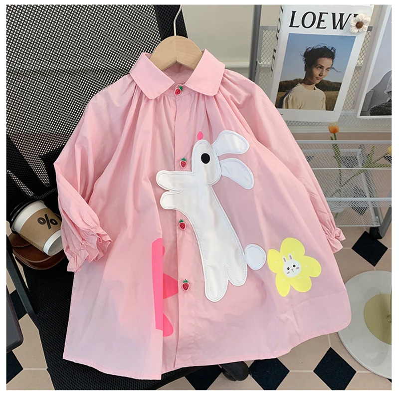 New Spring Autumn Girls Dress Cartoon Rabbit Embroider Cute Full Sleeve Princess Dress For Kids Children Birthday Present