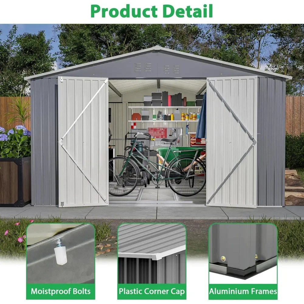 11 x 13FT outdoor metal storage shed with floor frame base, galvanized steel garden shed with 4 ventilation openings