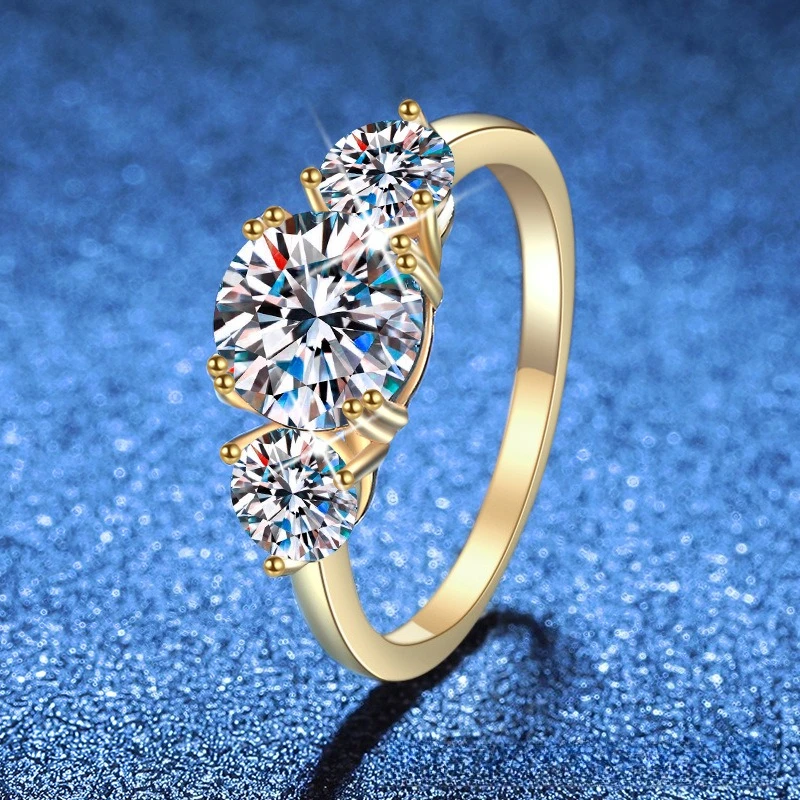 

S925 Sterling Silver 18K Gold Plated 3CT D Color Moissanite Three-Stone Luxury Ring for Women, Exquisite Jewelry.