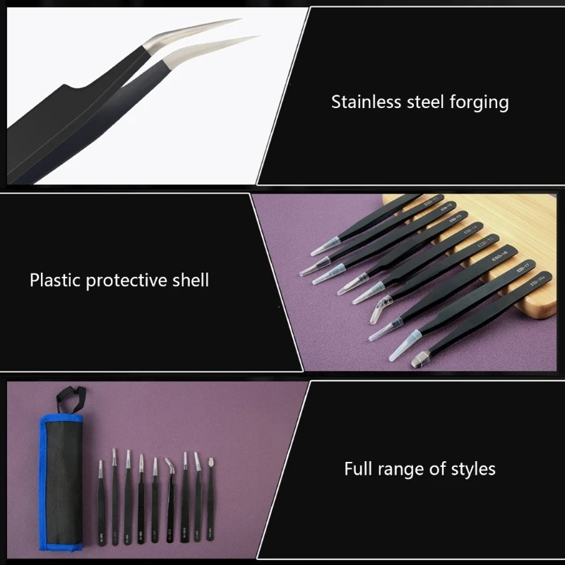 9 Pcs Tweezers Set Professional Stainless Steel Tweezers for Electronics Repair Soldering and Jewelry