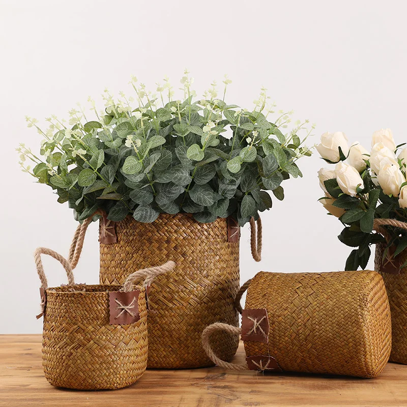 Handmade Rattan Basket with Rope Round Seaweed Home Interior Desktop Decoration Flower Arrangement