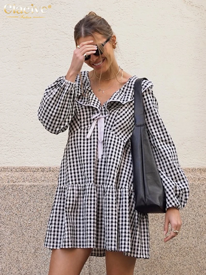 

Clacive Fashion Loose Plaid Women Dress Spring Lapel Long Sleeve Mini Dresses Elegant Classic Lace-Up Female Dress Streetwear