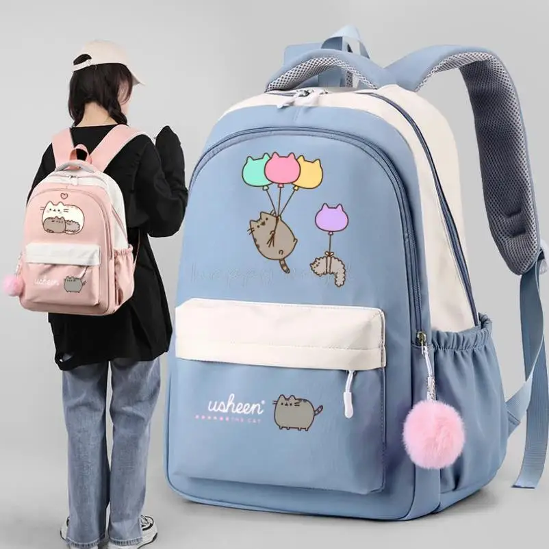 Mode fette Katze Rucksack Pusheen Printe weibliches Nylon einfache große Kapazität einfarbige Schult asche Einsatz Schnalle Laptop Rucksack