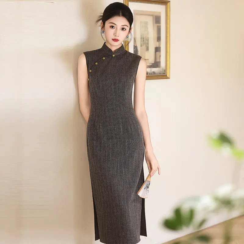 

Grey Sleeveless Chinese Style Suzhou Long Cheongsam Improved Young Style 2026 New Female Summer Qipao Dress