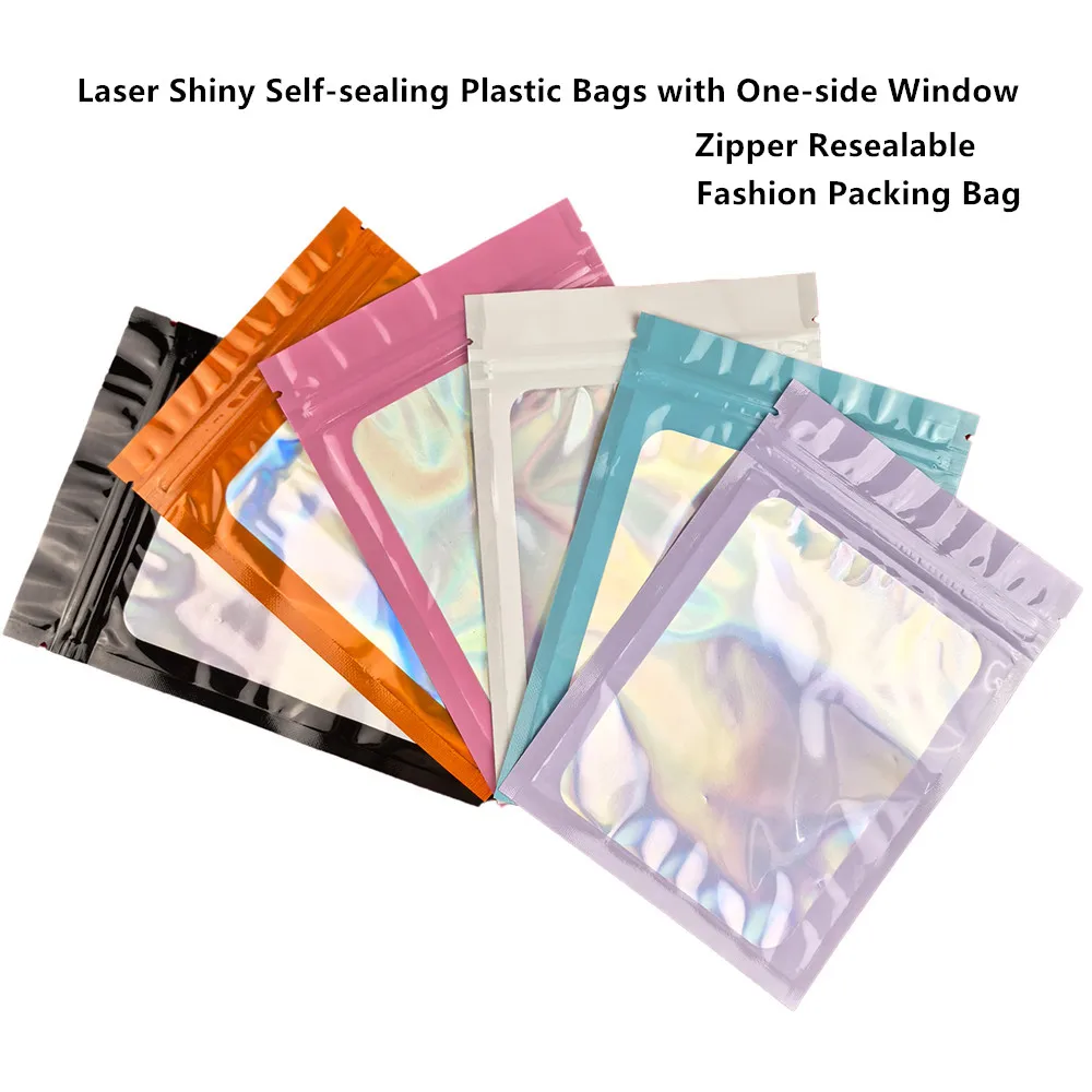 

100pcs Resealable Laser Holographic Zip-lock Bags with One-Side Window, Shiny Rainbow Metallic Pouches for Gift Fashion Package
