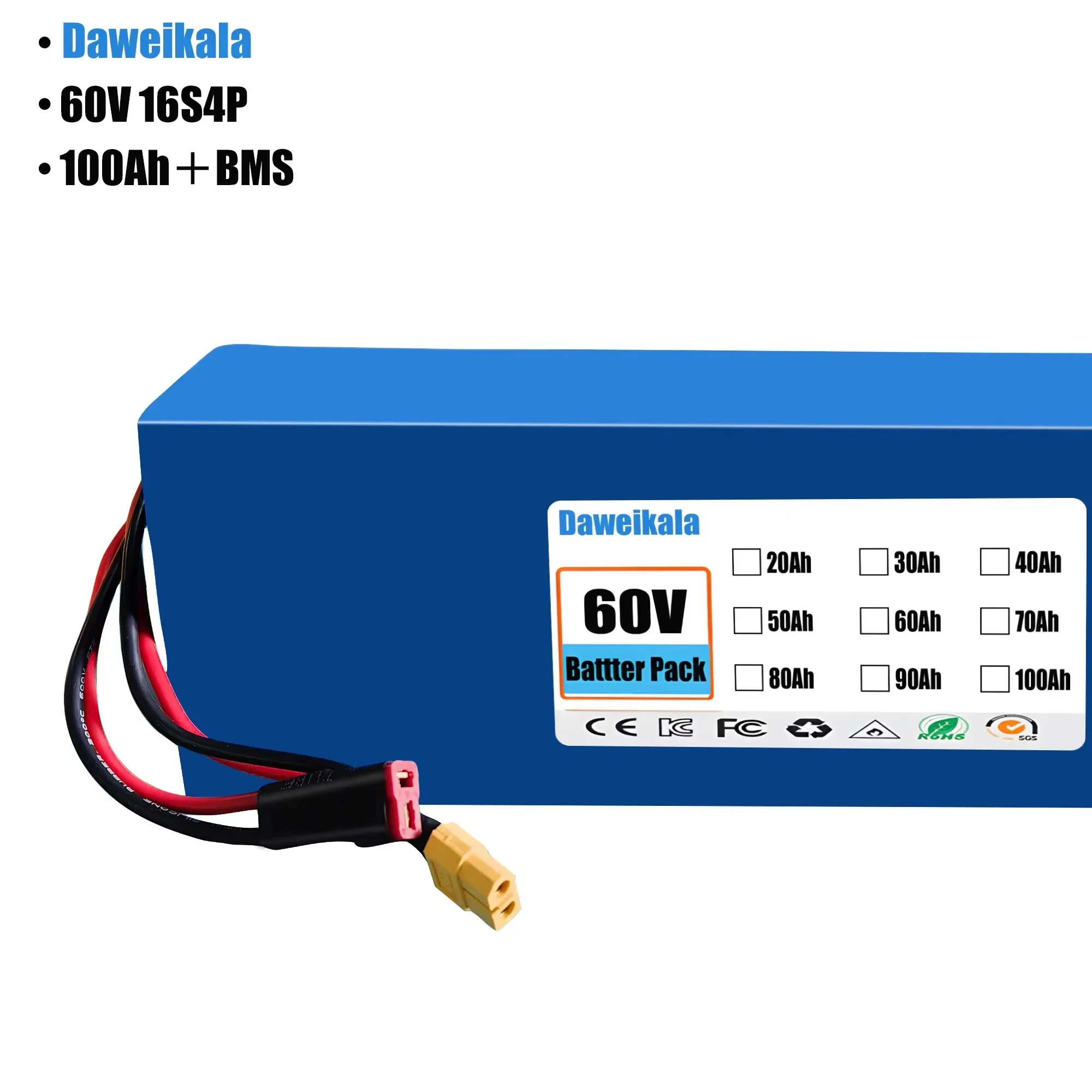 60V 100Ah 16s4p lithium-ion battery pack 60V 100000mAh 2000W electric battery, built-in 50A BMS+charger