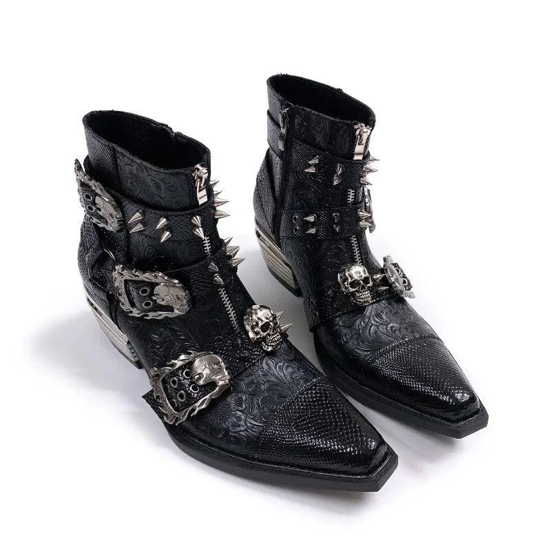 Unisex Pointed‑toe Punk Chelsea Boots 2026 Spring Microfiber Rubber Sole Side‑zip Gothic Western Cowboy Ankle Boots Black