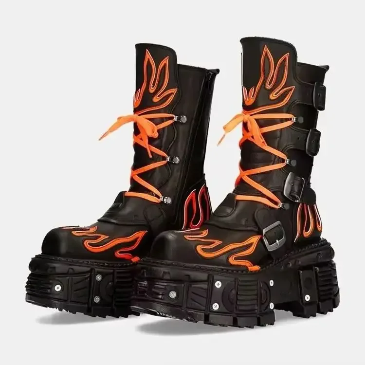 

Retro Dark Style Punk Motorcycle Boots Flame Thick-Soled Boots Men/women Fashion Rock Boots Lace Up Belt Buckle Mid-Calf Boots