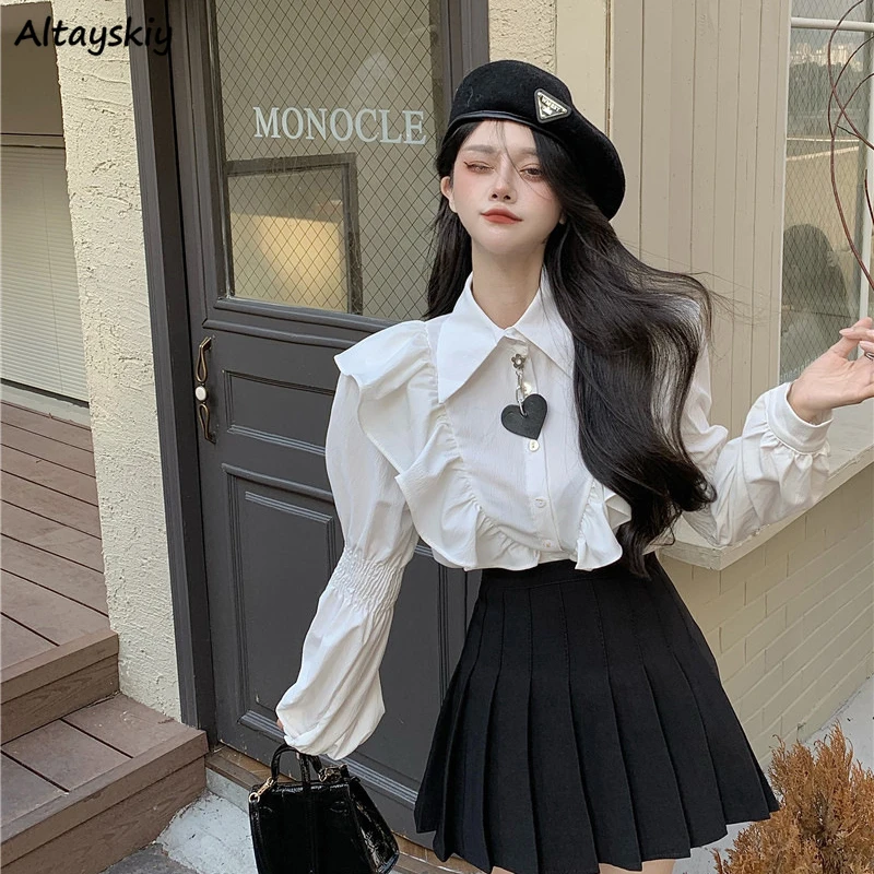 

Рубашки женские с длинными рукавами и оборками, весенние лоскутные прямые свободные корейские стильные элегантные женские милые универсальные шикарные рубашки