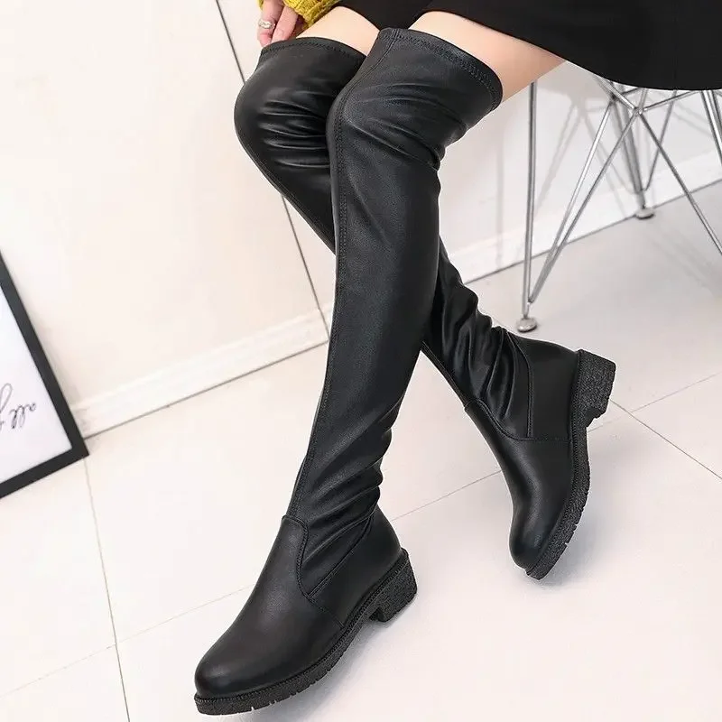 Flat Women's Long Boots Winter 2024 Above Over The Knee Thigh High Ladies Shaft Shoes New In Comfortable and Elegant On Offer Pu