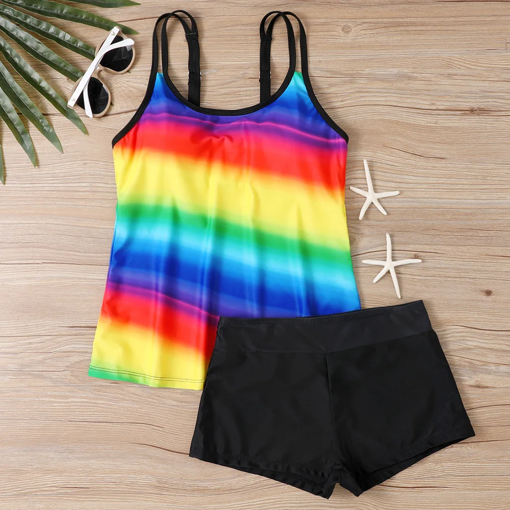Women Gradient Print Tankini Swimsuit Double Thin Straps Square Neck Flowy A-Line Top Boyshort 2 Piece Modest Beach Bathing Suit