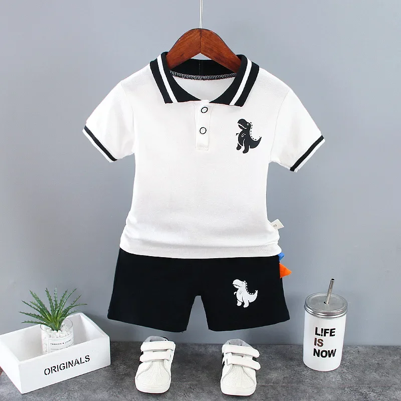 Summer Outfits for Baby Boys 9 to 12 Months Dinosaur Printed Turn-down Collar T-shirts Tops and Shorts 2PCS Infant Clothing Sets